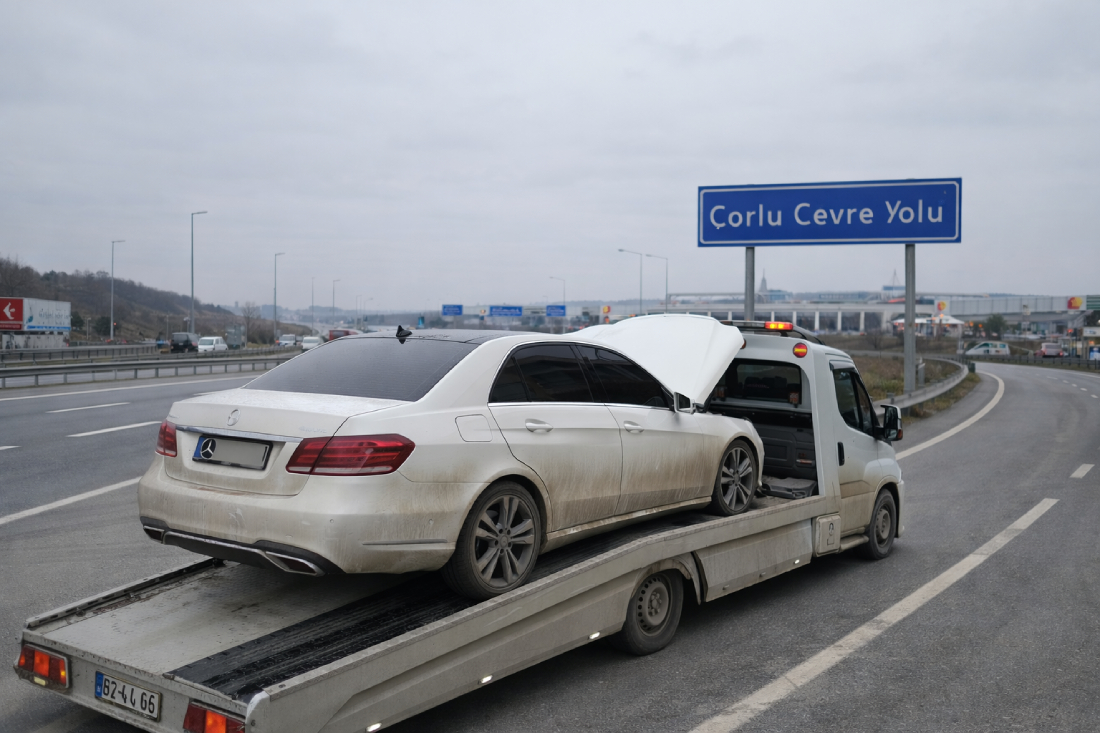 Çorlu çevre yolunda oto çekici hizmeti ile arızalanan aracın çekici yardımıyla taşınması