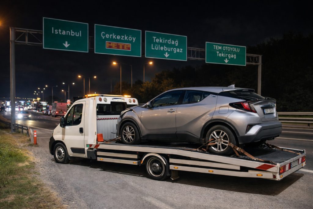 Çorlu TEM Otoyolu çekici hizmeti ile otoyolda arızalanan aracın çekici yardımıyla taşınması