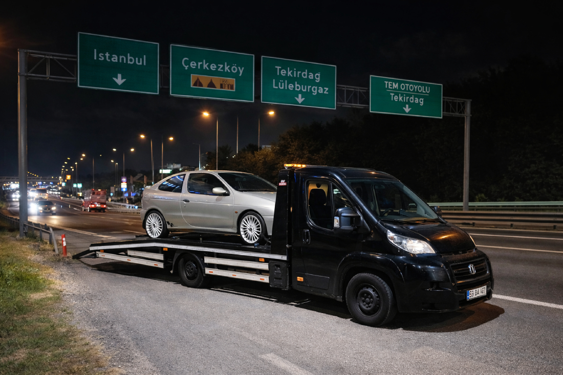 Çorlu TEM Otoyolu çekici hizmeti ile otoyolda arızalanan aracın çekici yardımıyla taşınması